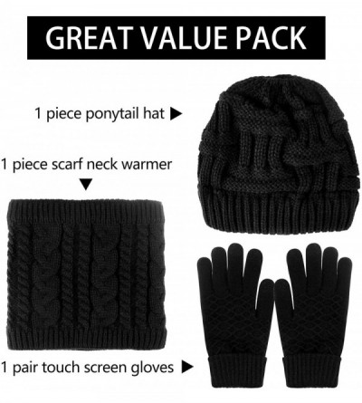 Skullies & Beanies 4 Pieces Womens Winter Beanie Hats with Ponytail Hole Knit Scarf Gloves - Black(style 3) - CJ193WAWW28 $10.79