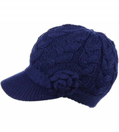 Skullies & Beanies Womens Winter Visor Cap Beanie Hat Wool Blend Lined Crochet Decoration - Navy Rose - CF18WCHWW8L $22.72