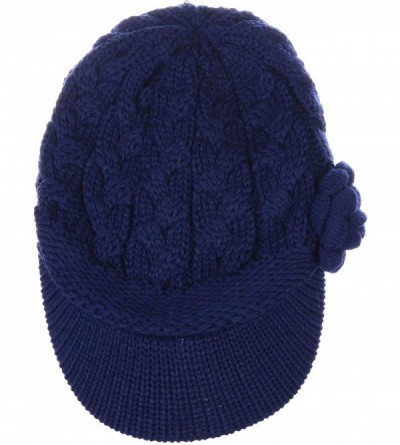 Skullies & Beanies Womens Winter Visor Cap Beanie Hat Wool Blend Lined Crochet Decoration - Navy Rose - CF18WCHWW8L $22.72