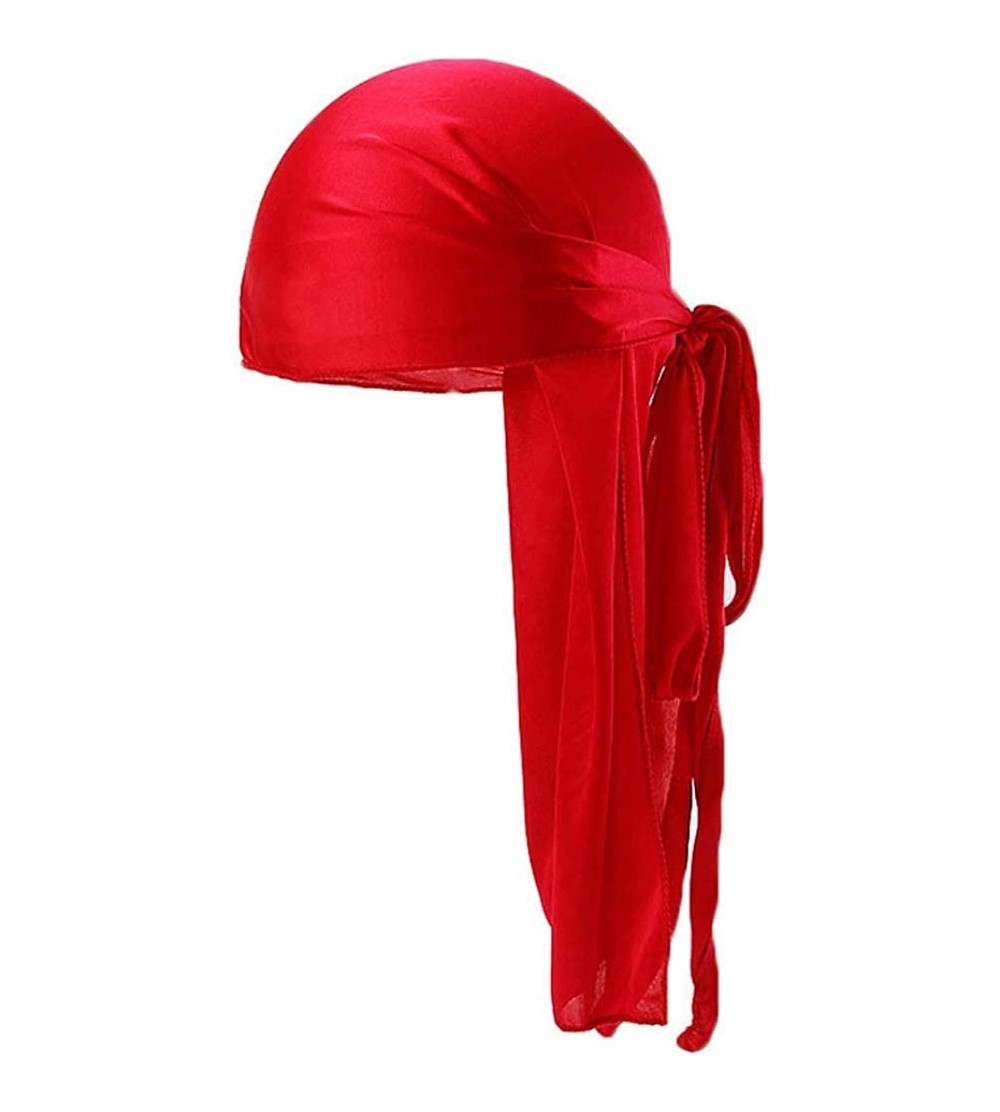 Headbands Unisex Deluxe Silky Durag Extra Long-Tail Headwraps Pirate Cap 360 Waves Du-RAG - Plain Red-1 Pack - CA18SOX70CO $9.01