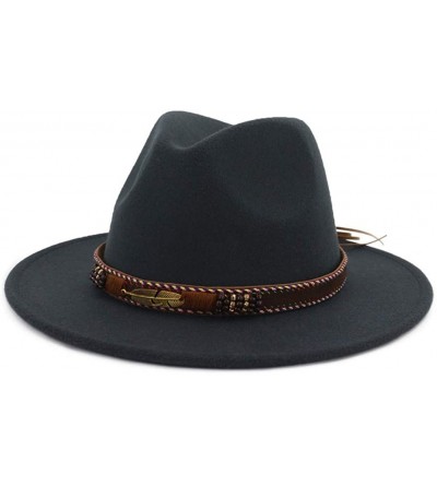 Fedoras Men Women Ethnic Felt Fedora Hat Wide Brim Panama Hats with Band - D-grey - CR18KAH5UEY $27.14