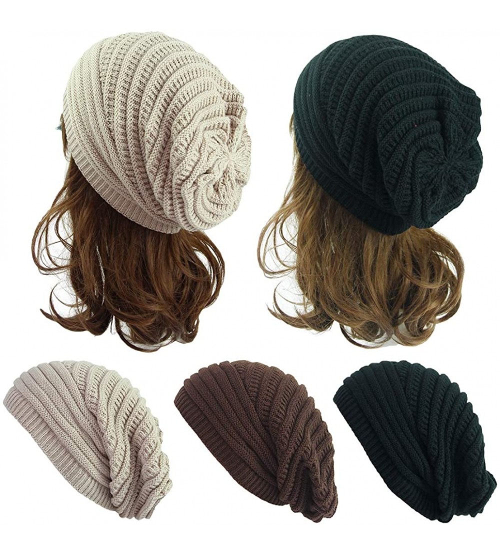 Skullies & Beanies Knit Beanie Hats for Women Men Fleece Lined Ski Skull Cap Slouchy Winter Hat - A-3 Pack White& Brown& Blue...