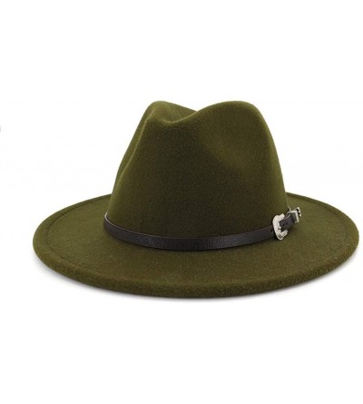 Fedoras Men & Women's Classic Wide Brim Felt Fedora Panama Hat with Belt Buckle - Armygreen - C318W9IU8LE $25.52