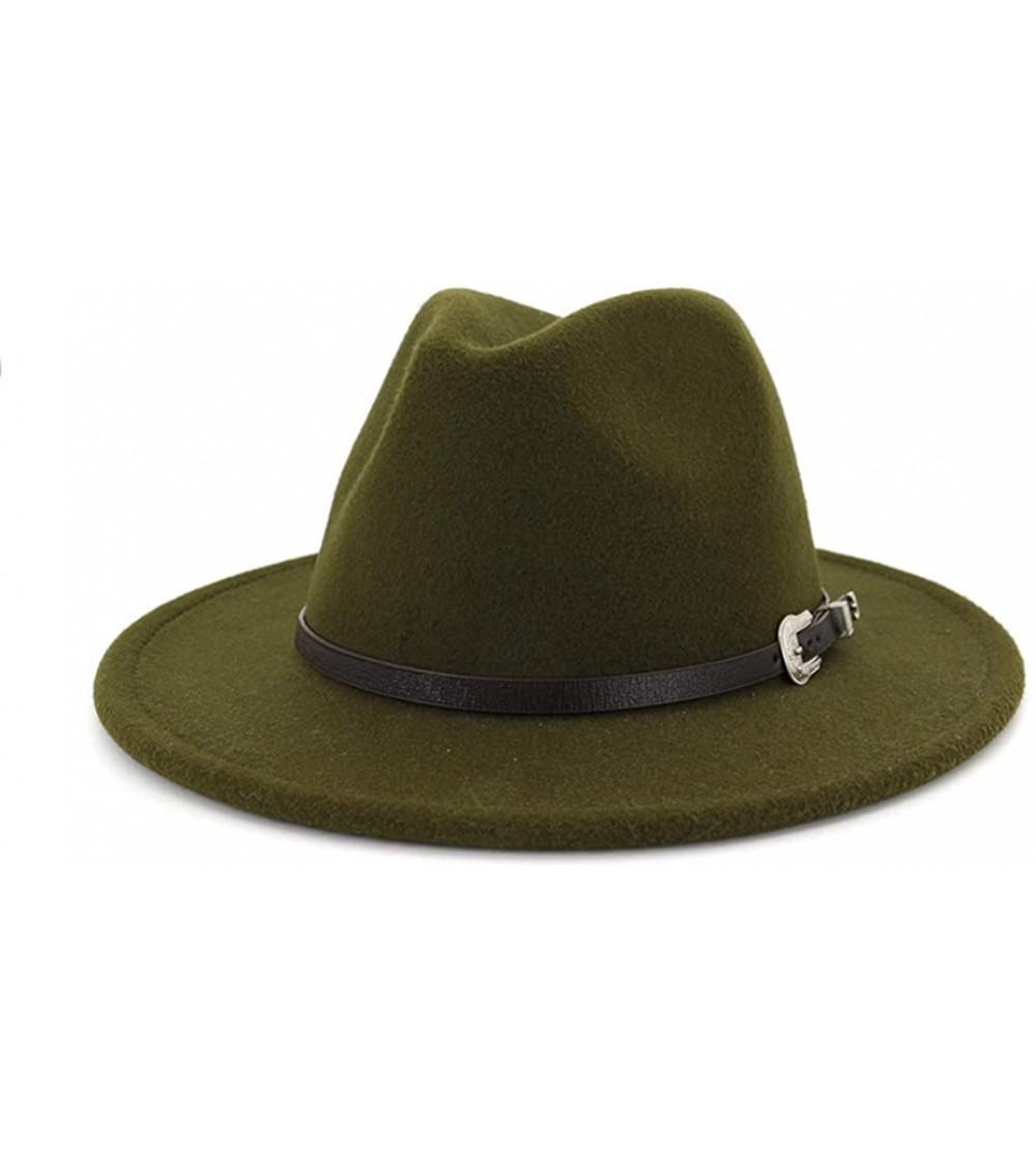 Fedoras Men & Women's Classic Wide Brim Felt Fedora Panama Hat with Belt Buckle - Armygreen - C318W9IU8LE $17.48