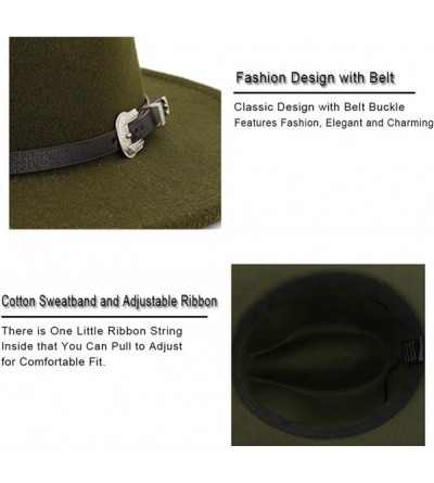 Fedoras Men & Women's Classic Wide Brim Felt Fedora Panama Hat with Belt Buckle - Armygreen - C318W9IU8LE $17.48