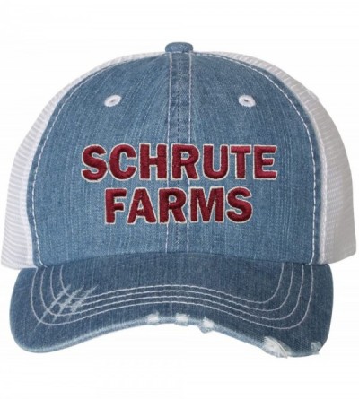 Baseball Caps Adult Schrute Farms Embroidered Distressed Trucker Cap - Blue Denim/ White - CU18C793N2R $26.18