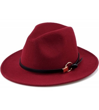 Fedoras Women Gold Belt Buckle Wool Felt Fedora Hat Winter Fashion Dress Panama Hat - Claret-red - CY18IE5NI5G $27.67