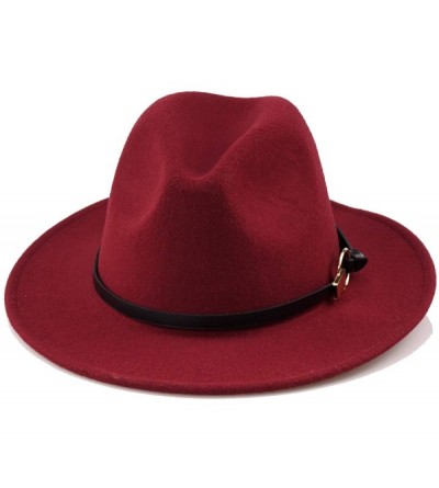 Fedoras Women Gold Belt Buckle Wool Felt Fedora Hat Winter Fashion Dress Panama Hat - Claret-red - CY18IE5NI5G $27.67