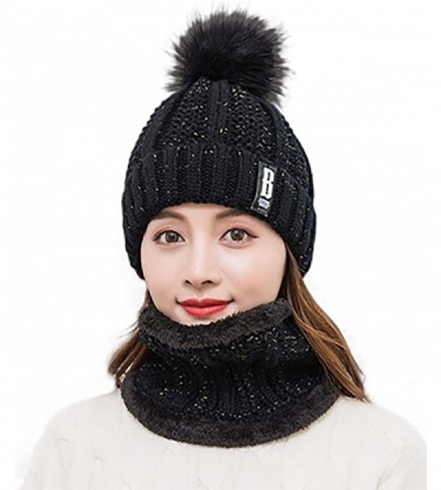 Skullies & Beanies Women Winter Knit Slouchy Beanie Chunky Baggy Hat with Faux Fur Pompom Soft Warm Ski Cap and Scarf - Black...