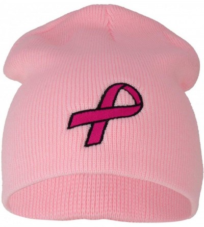 Skullies & Beanies Breast Cancer Awareness Pink Ribbon Embroidered Short Beanie - Pink - CE18IT2N4O6 $17.37
