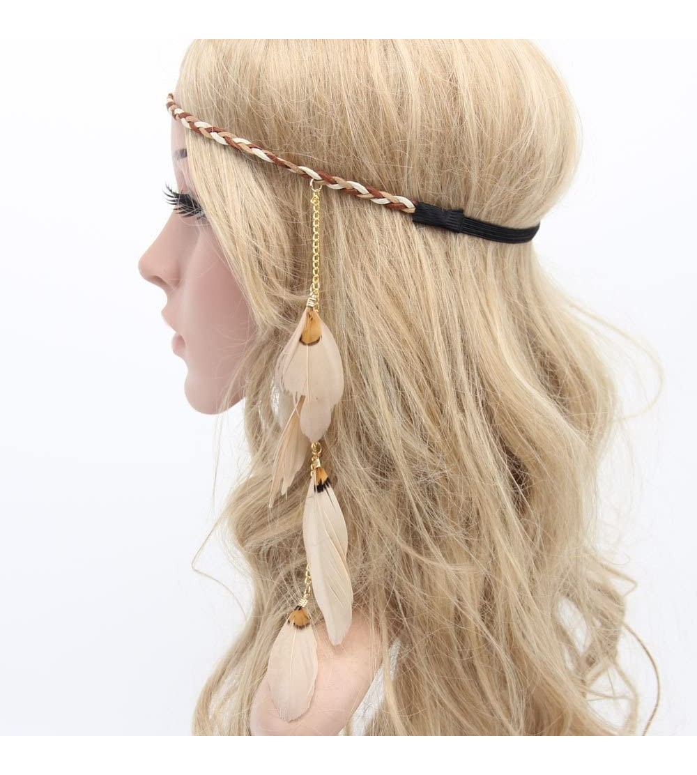 Headbands Women Boho Style Festival Feather Headband Hippie Weave Hairband - Beige - CO12M6L5L3X $10.12