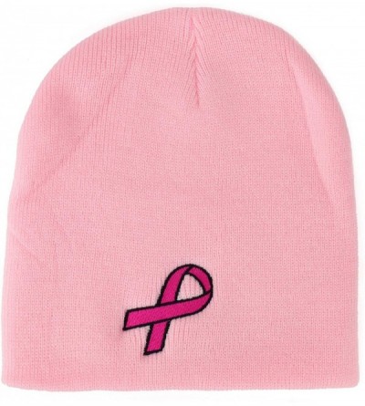 Skullies & Beanies Breast Cancer Awareness Pink Ribbon Embroidered Short Beanie - Pink - CE18IT2N4O6 $17.37