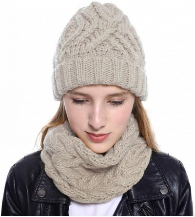 Skullies & Beanies Womens 2-Pieces Winter Beanie Hat Scarf Set Warm Knit Skull Cap Hats & Scarf for Women - Beige - CQ1920OC2...