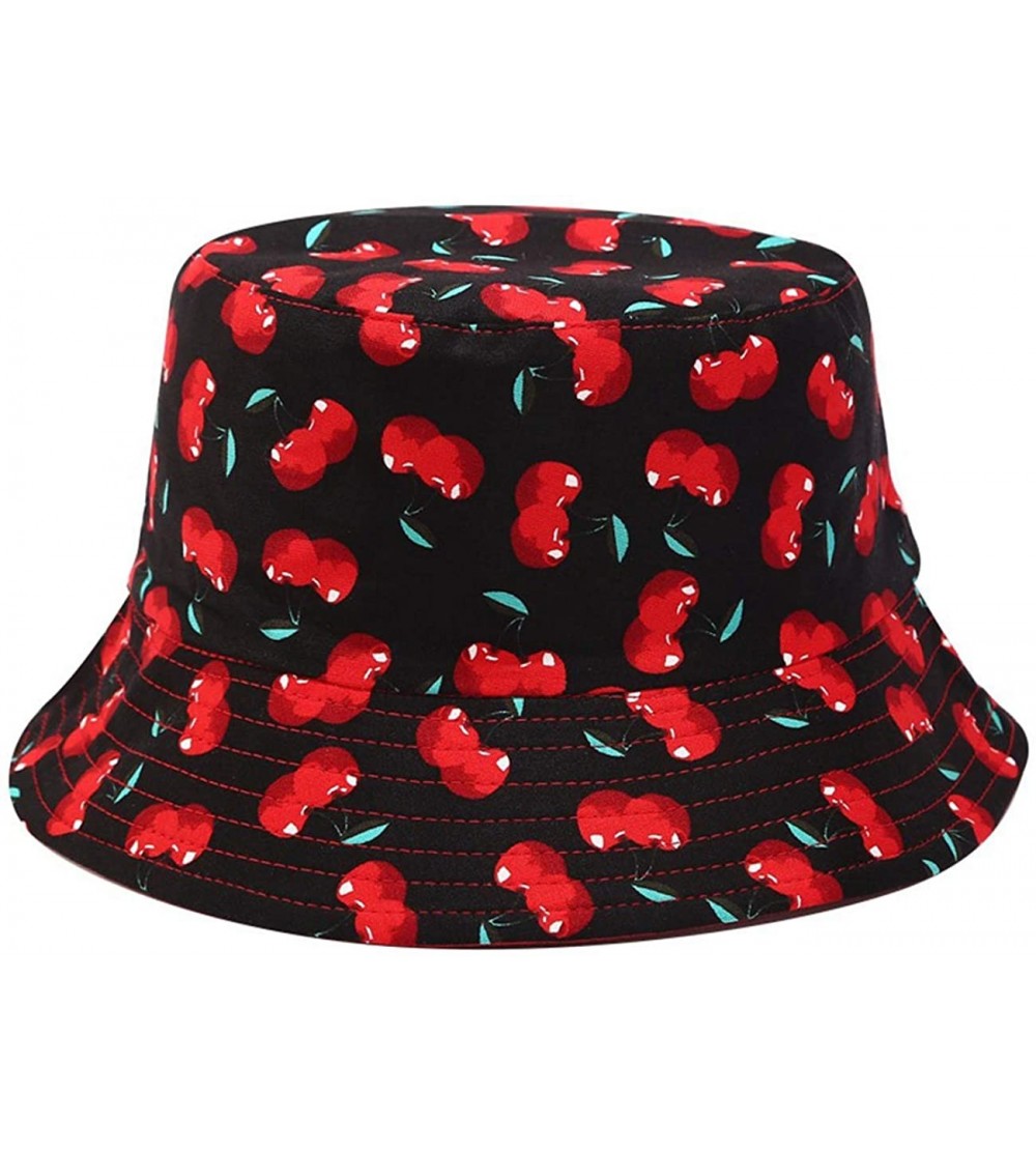 Bucket Hats Unisex Print Double-Side-Wear Reversible Bucket Hat - Cherry B Black - CA1996WA6I8 $10.72