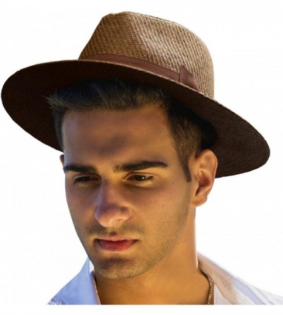 Fedoras Men's Summer Straw Fedora Hat Panama Wide Brim Hat - Brown - C118E7AZ6HS $22.74
