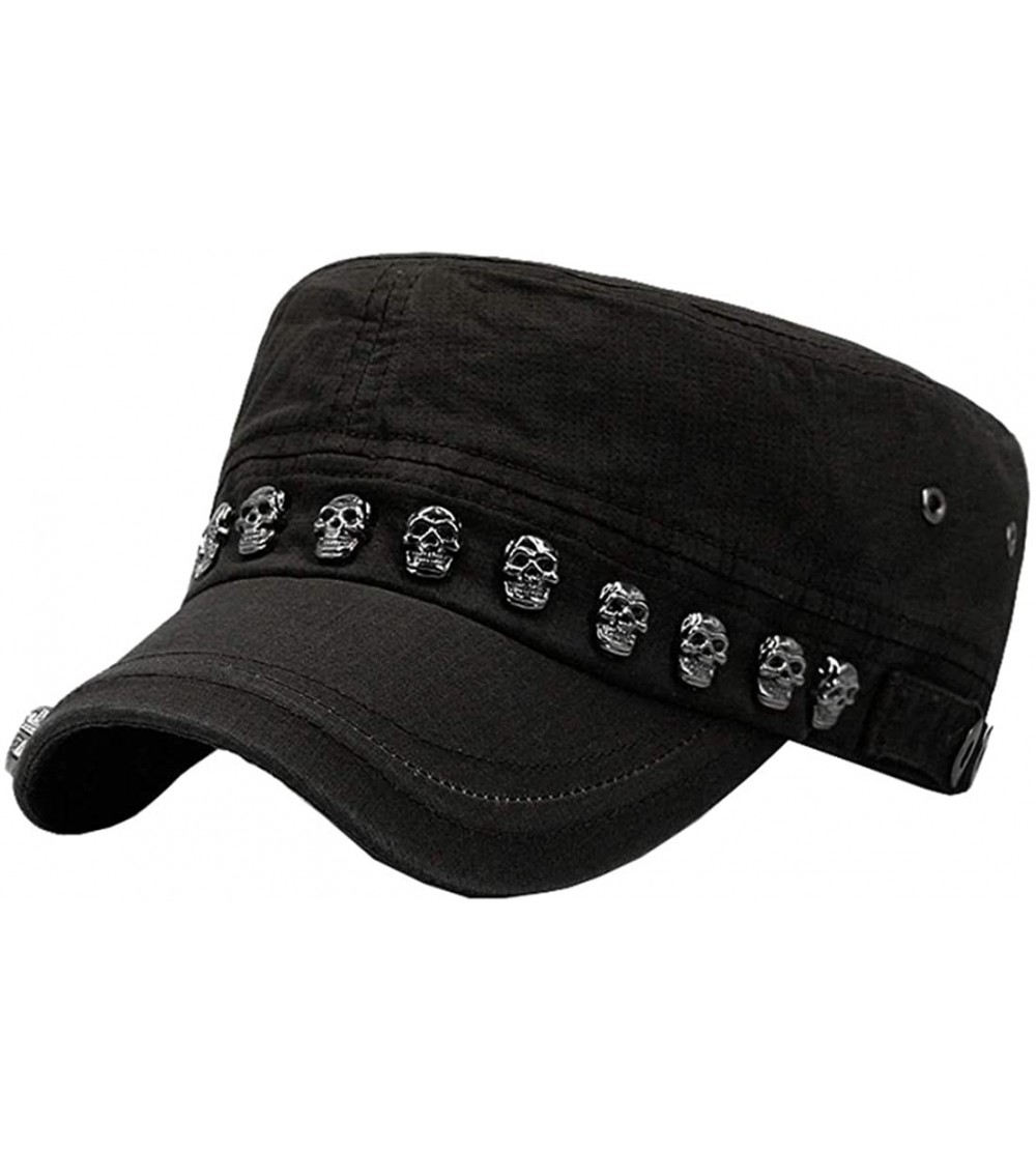Baseball Caps Unisex Skull/Skeleton Studded Punk-Army-Cap Cool Flat Cap - Black2 - CT18NTHHNOY $19.11