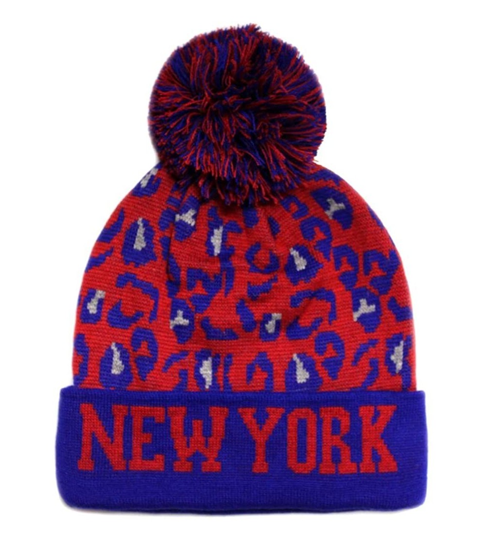 Skullies & Beanies Sk950 Leopard College Pom Beanie Hat - New York - Royal/Red - CE11GM82M57 $9.53