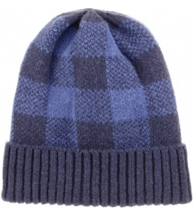 Skullies & Beanies Winter Soft Stretch Buffalo Plaid Cuff Beanie Hat Thick Chunky Warm Knit Skull Ski Cap - Navy/Blue - CD18Y...