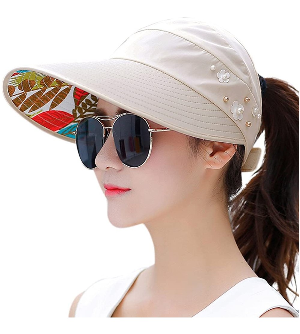 Berets Sun Hats for Women Wide Brim Sun Hat UV Protection Caps Floppy Beach Packable Visor - Beige - C818CGW8AOY $11.71