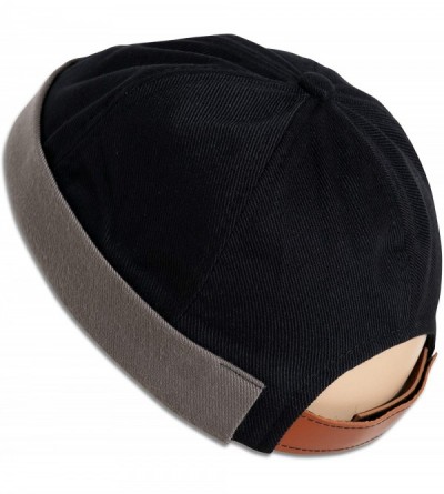 Skullies & Beanies Brimless Adjustable Docker Hat Beanie - Retro Cotton No Visor Cap Men and Women - Black With Gray Cuff - C...