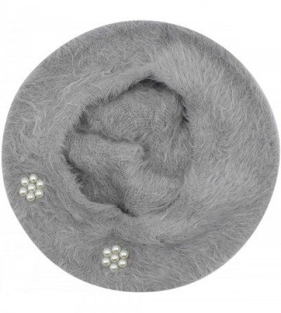 Skullies & Beanies Women Girls Soft Rabbit Fur French Style Beret Pearls Flowers Winter Warm Beanie Hat - Grey - CI18YSDLIC2 ...