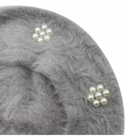 Skullies & Beanies Women Girls Soft Rabbit Fur French Style Beret Pearls Flowers Winter Warm Beanie Hat - Grey - CI18YSDLIC2 ...