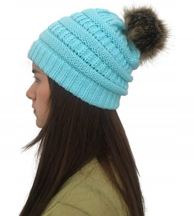 Skullies & Beanies Womens Winter Knitted Beanie Hat with Faux Fur Warm Knit Skull Cap Beanie - 02-blue - CX193MRCY92 $17.68