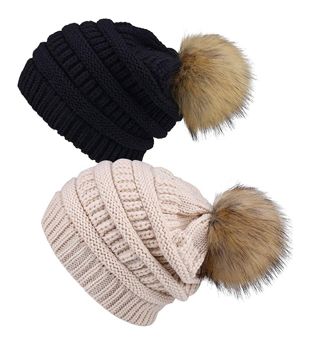 Skullies & Beanies Slouchy Winter Knit Beanie Cap Chunky Faux Fur Pom Pom Hat Bobble Ski Cap - W-black/Beige 01 2pcs - CX18WC...