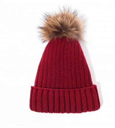 Skullies & Beanies Big Fur Pom Pom Hat - Winter Knit hat for Women Thick Warm Caps Skullies Beanies AH62 - Wine 62r Liner - C...