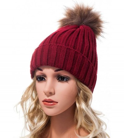 Skullies & Beanies Big Fur Pom Pom Hat - Winter Knit hat for Women Thick Warm Caps Skullies Beanies AH62 - Wine 62r Liner - C...