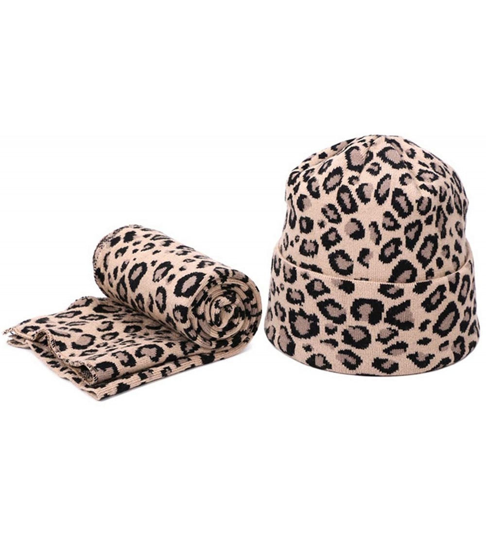 Skullies & Beanies Leopard Print Beanie Hat Scarf Set Winter Double Beanies Hats for Women Elasticity Warm Scarves Pompom Hat...
