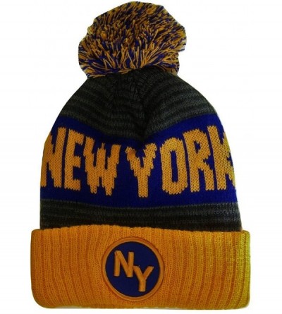 Skullies & Beanies New York NY Patch Ribbed Cuff Knit Winter Hat Pom Beanie - Orange/Royal Patch - CX188HGU97N $10.48