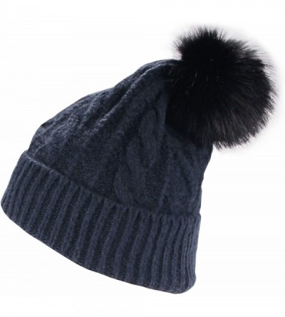 Skullies & Beanies Women's Classic Winter Fleeced Thermal Pom Pom Beanie Hat and Mittens Set - Navy Blue Set - CO1944DY02U $1...