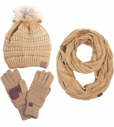 Skullies & Beanies 3pc Set Trendy Warm Chunky Soft Stretch Cable Knit Pom Pom Beanie- Scarves and Gloves Set - Camel - CU18H7...