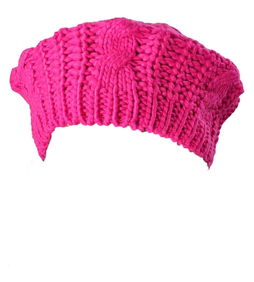 Bomber Hats Womens Beret Hats Winter Warm Knit Baggy Beanie Ski Hat Slouchy Chic Bailey Cap - Hot Pink - CI18INXROT4 $9.21