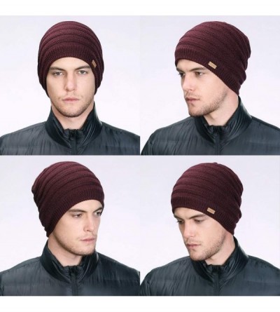 Skullies & Beanies Mens Wool Knit Slouch Beanie Hat Cap Winter Thick Two-Layer Warm - 88223_burgundy - CB12NZAOVTF $10.62