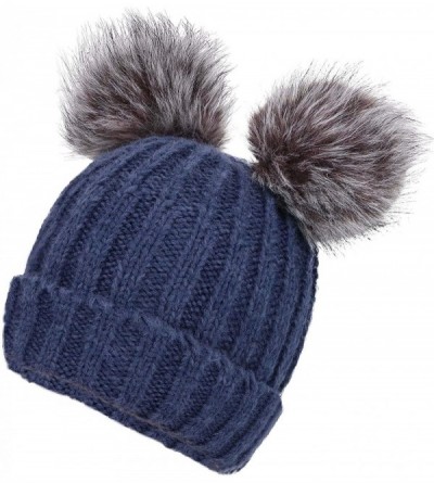 Skullies & Beanies Men & Women's Cable Knit Beanie with Faux Fur Pompom Ears - Navy - C818803YITQ $15.73