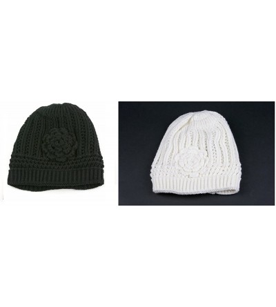 Skullies & Beanies Winter Knit Flower Beanie Hat 333HB - 2 Pcs Black & Off White - CA122Q1NBFX $13.87