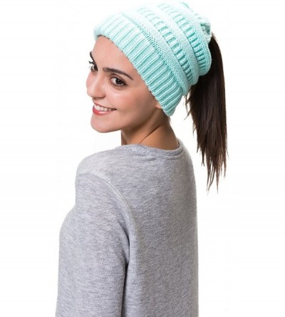 Skullies & Beanies Women Cable Knit BeanieTail Messy Bun Ponytail Cap Warm Winter Beanie Hat - Light Blue - CC18WSXQ7XR $7.93