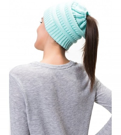 Skullies & Beanies Women Cable Knit BeanieTail Messy Bun Ponytail Cap Warm Winter Beanie Hat - Light Blue - CC18WSXQ7XR $7.93
