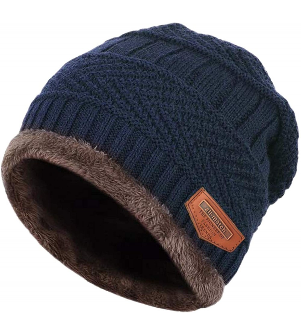 Skullies & Beanies Winter Beanie hat- Warm Knit Hat Thick Fleece Lined Winter Hat for Men Women - Navy Blue - C318X05KD0R $11.66