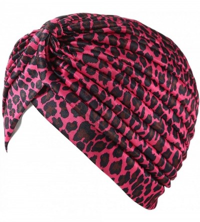 Skullies & Beanies Shiny Turban Hat Headwraps Twist Pleated Hair Wrap Stretch Turban - Rose Red Leopard - CU199IGI6KN $7.76