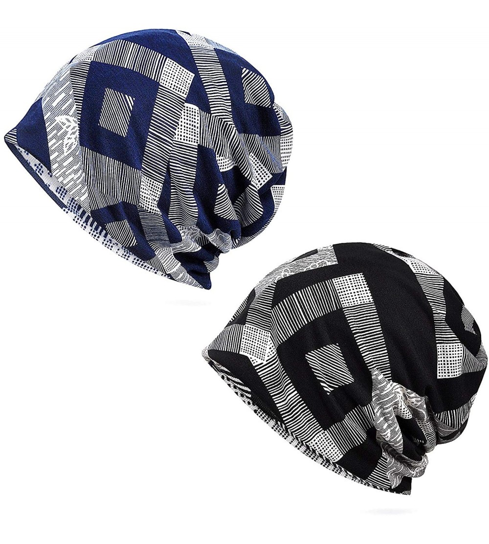 Skullies & Beanies Floral Lace Beanie Hat Chemo Cap Stretch Slouchy Turban Headwear - Plaid-black-blue - C9199CO74CH $10.95