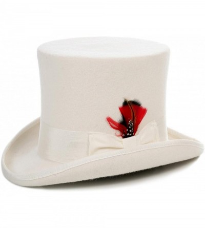 Fedoras Satin Lined Wool Top Hat with Grosgrain Ribbon and Removable Feather - Unisex- Men- Women - Off White - CM12G3TDQ5J $...