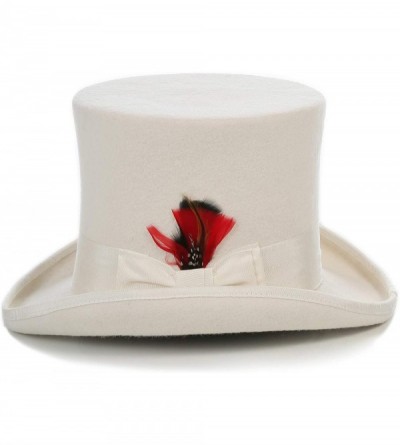 Fedoras Satin Lined Wool Top Hat with Grosgrain Ribbon and Removable Feather - Unisex- Men- Women - Off White - CM12G3TDQ5J $...