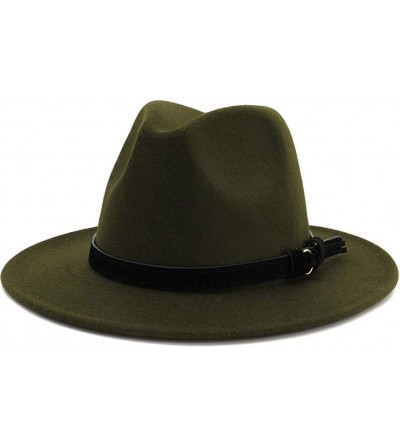 Fedoras Men & Women Vintage Wide Brim Fedora Hat with Belt Buckle - Black Belt-olive - CY18WLSE2KR $40.55
