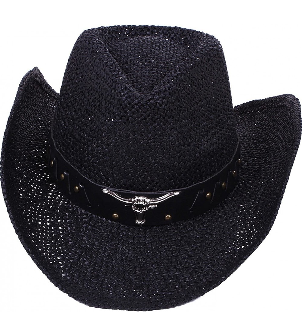 Cowboy Hats Men's & Women's Western Style Cowboy/Cowgirl Straw Hat - Bull Band -Black - CR11U6G80RZ $18.16