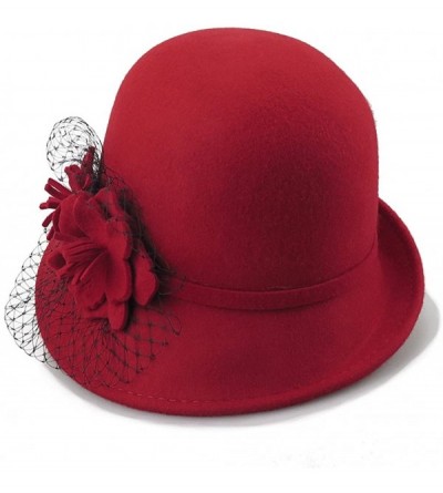 Fedoras Women's 100% Wool Felt Cloche Hat with Flower 7 Color - Red - CX12MY0NS2I $63.54