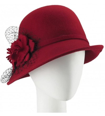 Fedoras Women's 100% Wool Felt Cloche Hat with Flower 7 Color - Red - CX12MY0NS2I $35.21