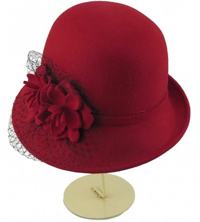 Fedoras Women's 100% Wool Felt Cloche Hat with Flower 7 Color - Red - CX12MY0NS2I $35.21